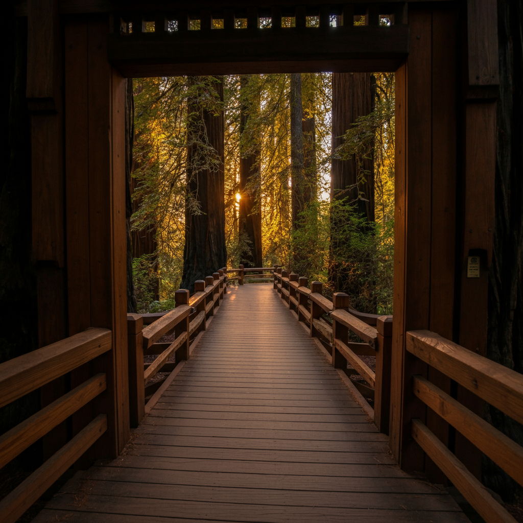A photographic style image of The entrance to Henry Cowell Redwoods State Park's observation deck at sunset, with golden light streaming through ancient trees and illuminating the wooden railings. high focus, sharp, lots of bright light, extra bright, highly detailed, high quality, dslr, film grain, fujifilm XT3, RAW photo, RAW candid cinema, color graded porta 400, depth of field, hyper realistic, natural-looking, expressive, textured skin, texture, 8k, photorealistic