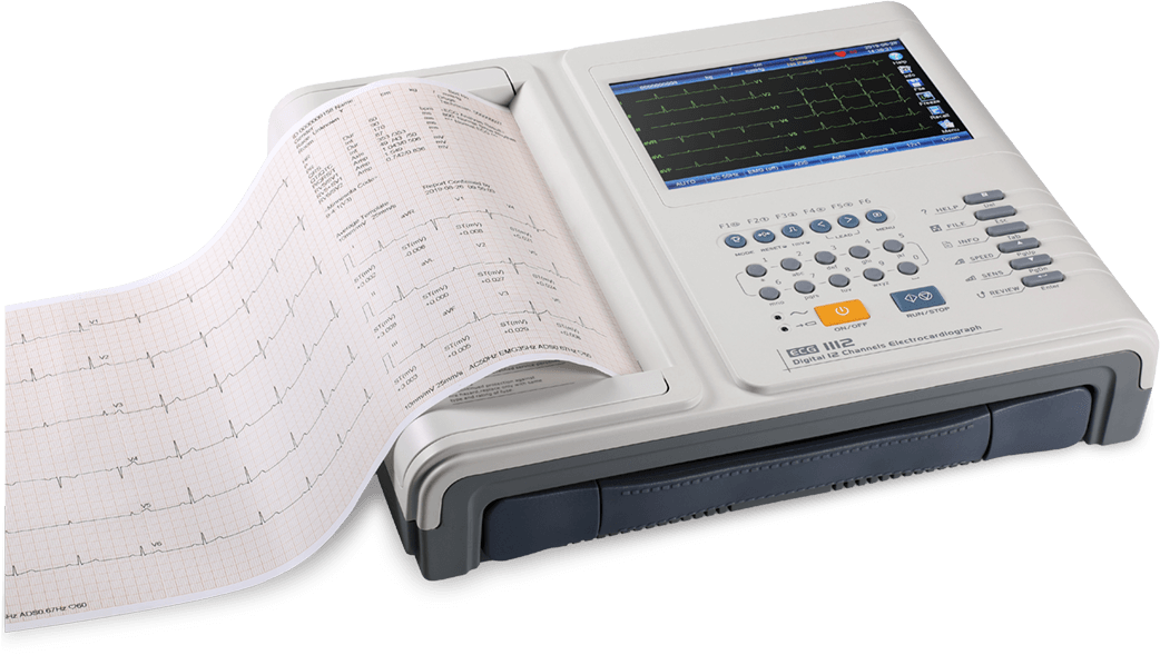 Das 1112-Kanal-EKG-Gerät ECG12 verfügt über einen integrierten Drucker für sofortige Ausdrucke.