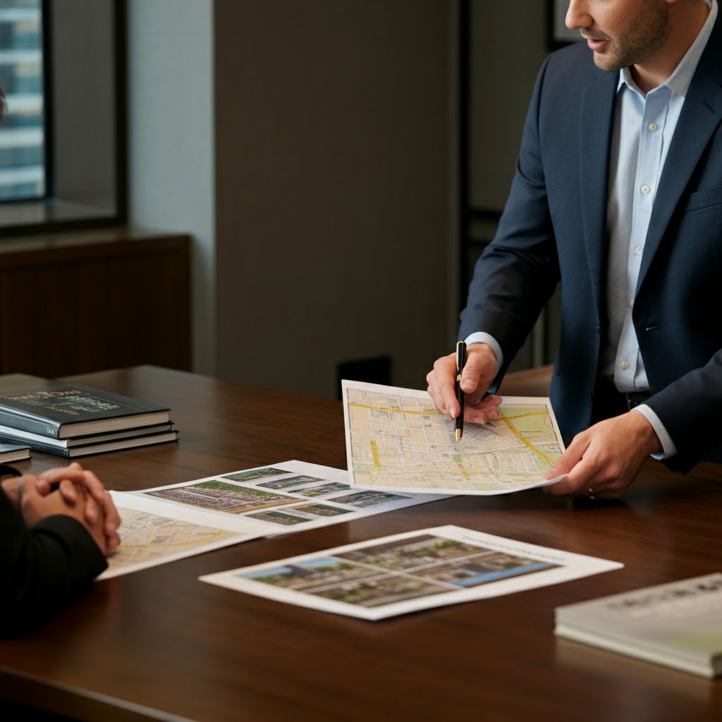 A professional meeting between a buyer and real estate agent specializing in Gold Coast properties. They review neighborhood maps, building floor plans, and property listings spread across a conference table. The agent points to specific buildings while explaining their distinctive features and approval processes.