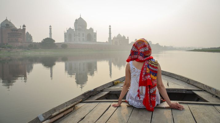 The Taj Mahal is flanked by four minarets at its corners, which lean slightly outward