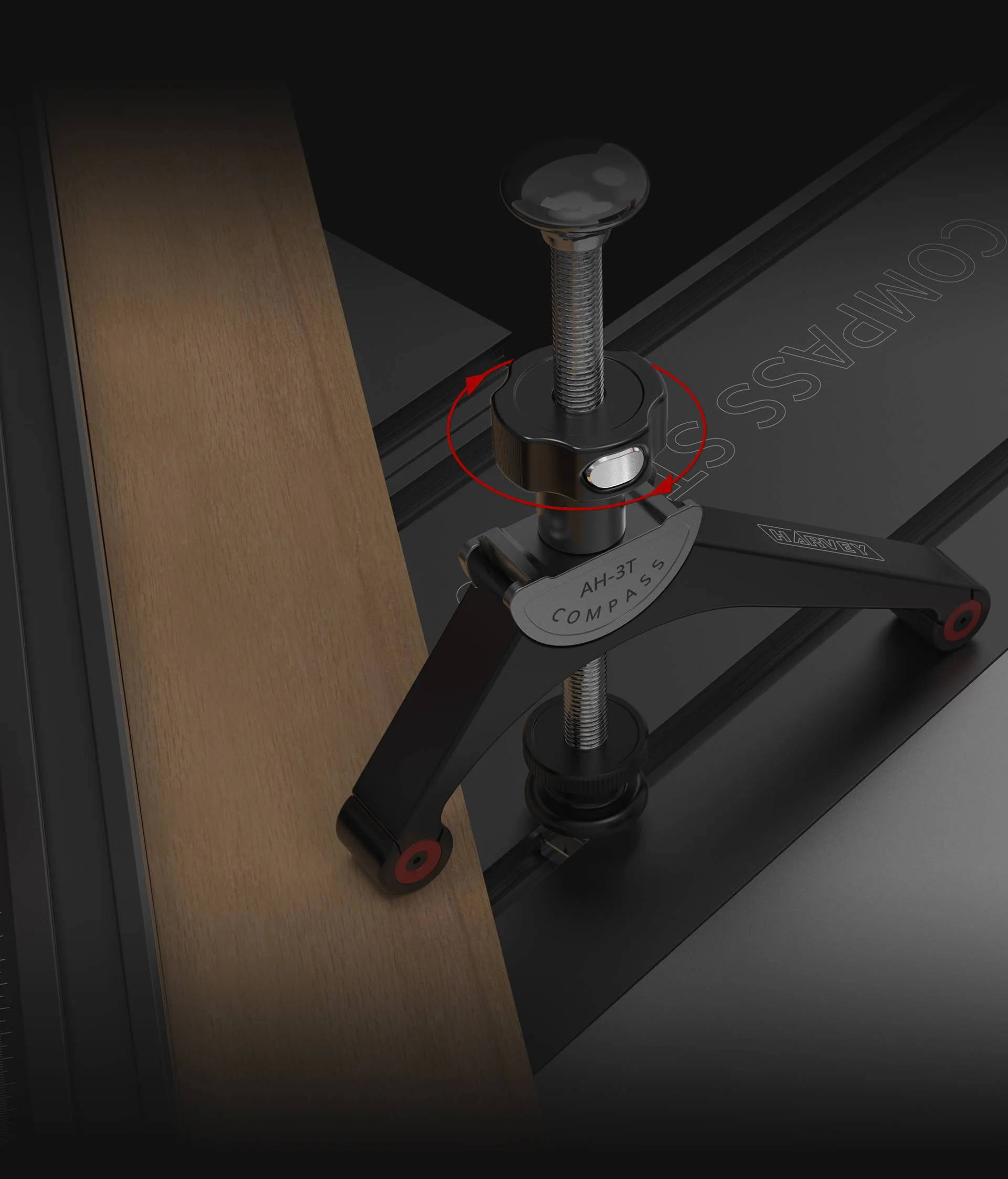 The pressure applied by the harvey Compass AH 3 and Compass T-slot mounting AH 3T Arch Hold Downs can be easily adjusted to the proper amount by simply rotating the pressure knob