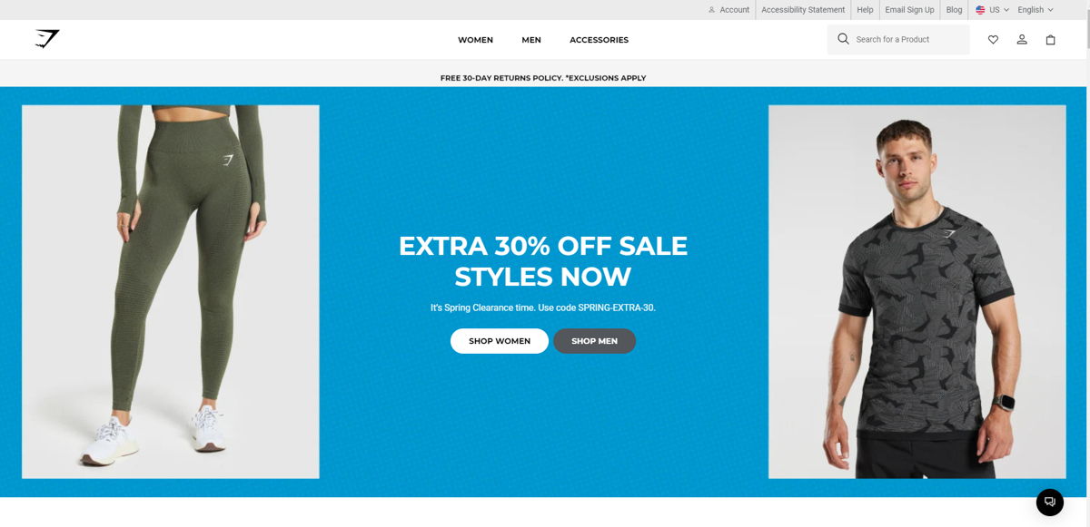 Screenshot of Gymshark, from the shopify clothing stores collection.