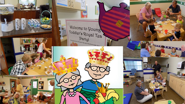 Collage of images from the Royal grandparent tea party where Primrose students and their grandparents have fun