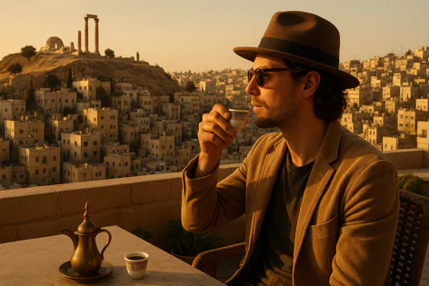 Man in a hat enjoying coffee on a terrace with a panoramic view of a hillside city and ancient ruins at sunset in Amman, Jordan.