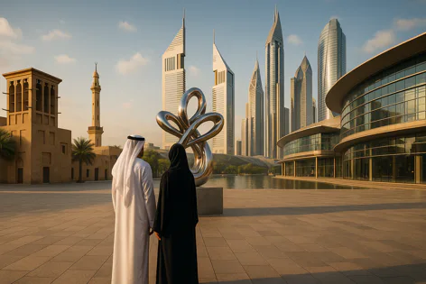 People in traditional Middle Eastern dress view a modern city skyline with skyscrapers and a sculpture, contrasting with historic architecture.