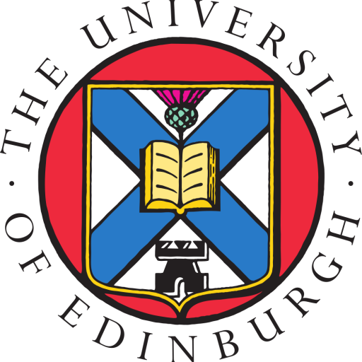 The University of Edinburgh logo features a red circle with a white and blue shield containing a book, a thistle, and a castle. The text The University of Edinburgh encircles the shield.