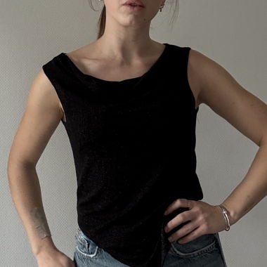 Black cowel neck off shoulder sparkly sheer top