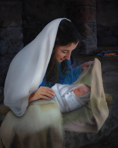 Painting of Mary smiling down at Jesus as she wraps Him in swaddling clothes.