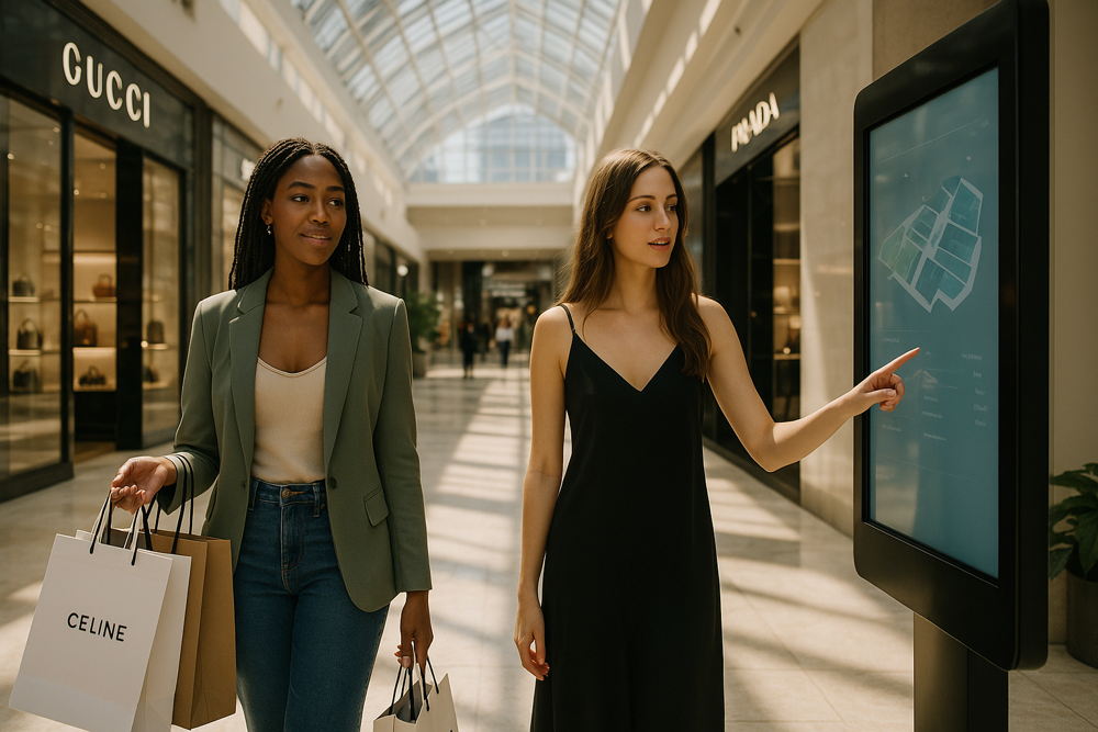 Two women in a modern shopping mall, with luxury stores like Gucci and Prada visible. One carries Celine bags; the other touches a large digital screen displaying a mall map.