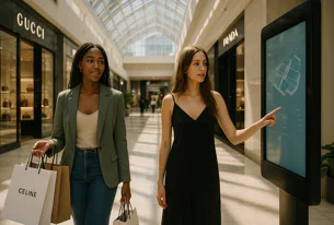 Two women in a modern shopping mall, with luxury stores like Gucci and Prada visible. One carries Celine bags; the other touches a large digital screen displaying a mall map.