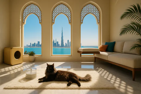 A black cat relaxes on a fluffy white rug in a bright room with arched windows framing a stunning view of the Dubai skyline and blue sea. A gold litter box and pet fountain are nearby.