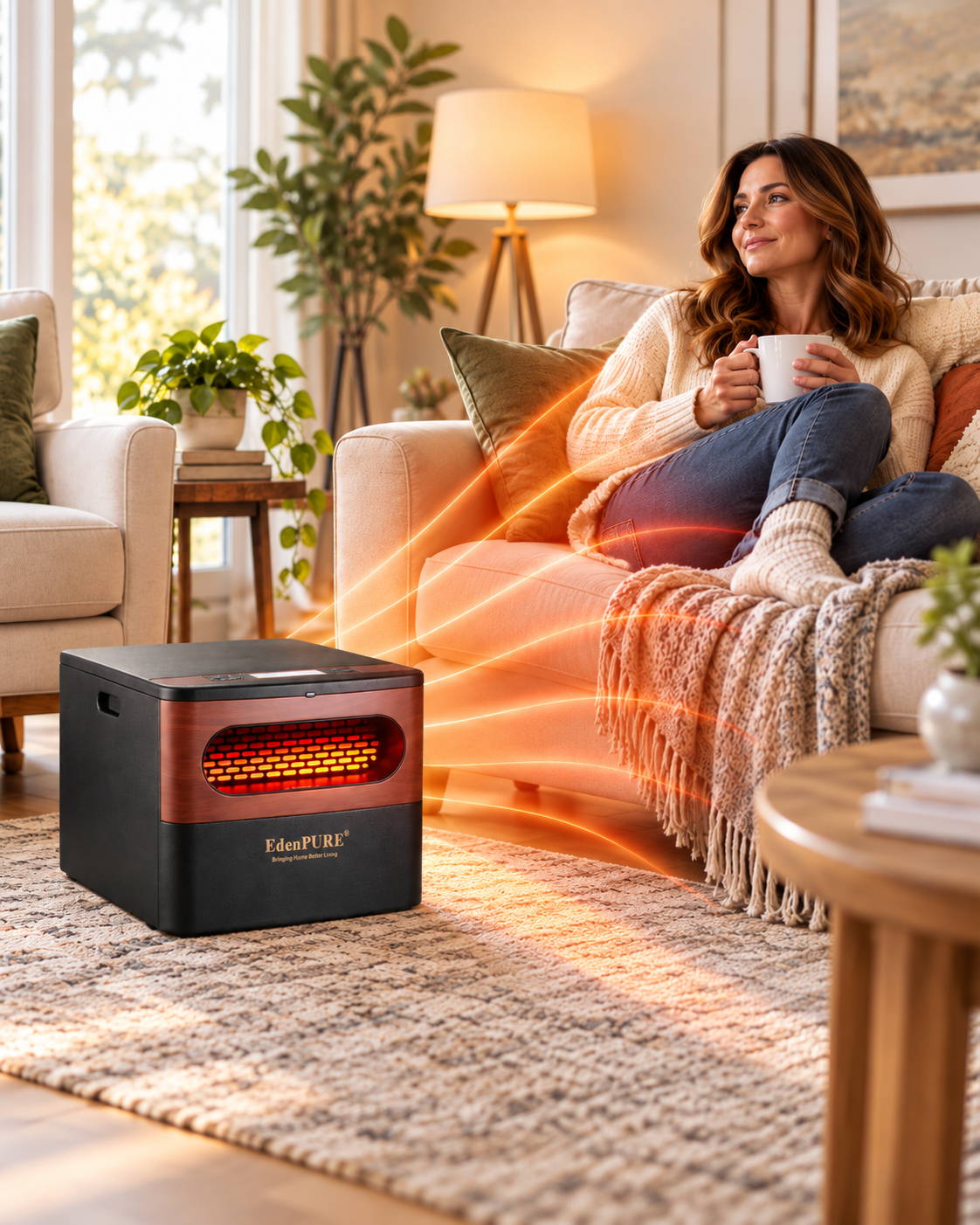 EdenPURE GEN2 infrared heater directing radiant heat toward a person and nearby furnishings