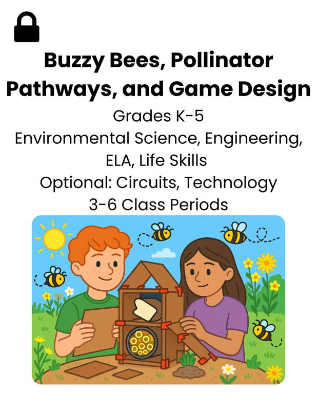 Image of two children building a cardboard pollinator house with bees flowers and 3DuxDesign connectors as part of an environmental science and game design STEM lesson for grades K-5. Hands-on project-based learning activity teaching pollinator pathways engineering ELA and life skills with optional circuits and technology extensions.