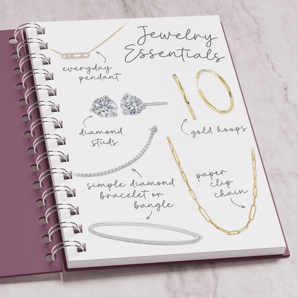 Jewelry essentials including diamond tennis bracelet, studs, everyday pendany, and gold hoops