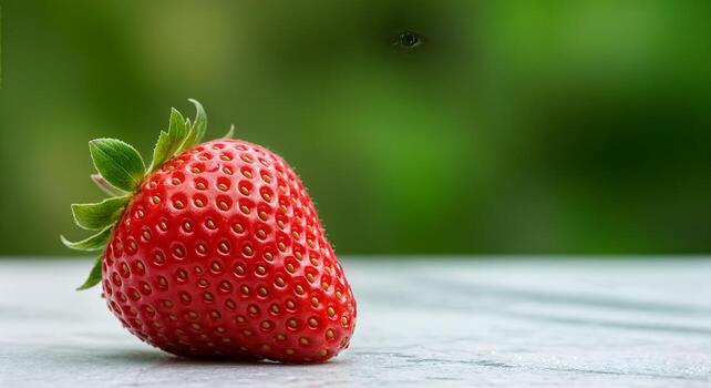 single-fresh-red-strawberry-on-table-green-background-food-fruit-sweet-macro-juicy-plant-image-photo