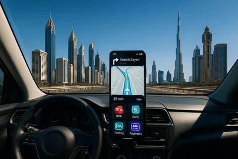Smartphone navigation app on car dashboard showing route to Sheikh Zayed Road with Dubai skyline, Burj Khalifa. RTA, Salik, Parking, Payments options displayed.