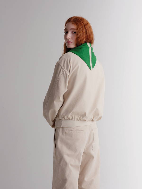 model wears  Single Stripe Triangle Neckerchief Pagoda & Oatmeal