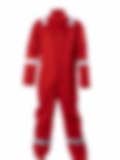 Red fire-resistant coverall with reflective stripes on the arms and legs, designed for protective firefighting or industrial safety.