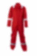 Red fire-resistant coverall with reflective stripes on the arms and legs, designed for protective firefighting or industrial safety.
