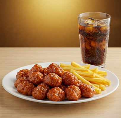 Combo gà viên sốt ăn kèm khoai tây chiên và một ly nước tại Delica