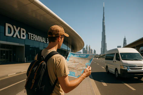 Tourist wearing a cap and backpack holding a city tour map outside Dubai DXB Terminal 3 airport. Burj Khalifa and skyscrapers visible in the sunny background with a van on the road.