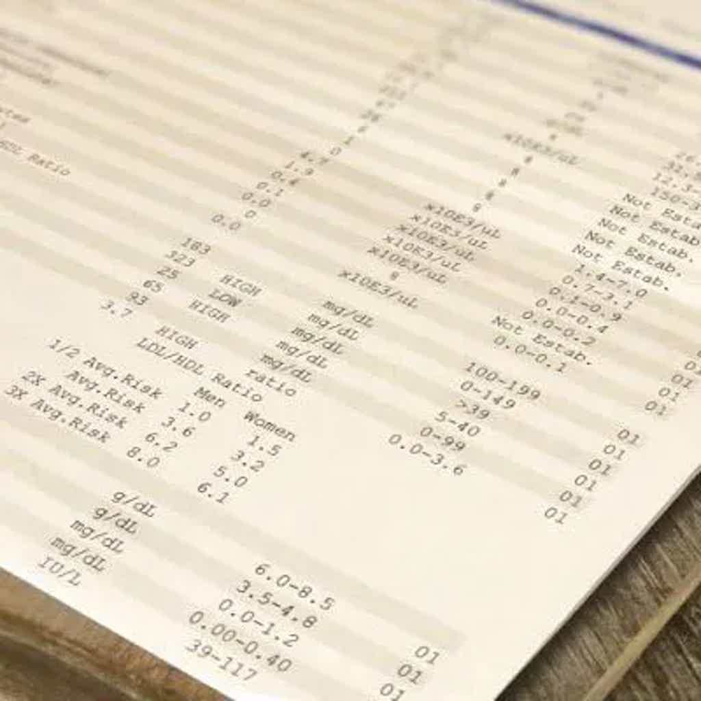 Close-up of a printed lab result sheet with medication and blood test values and ranges.