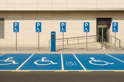 Five accessible parking spaces marked in blue with white wheelchair symbols. Features parking signs, a payment machine, and an elevator entrance with ramp access.