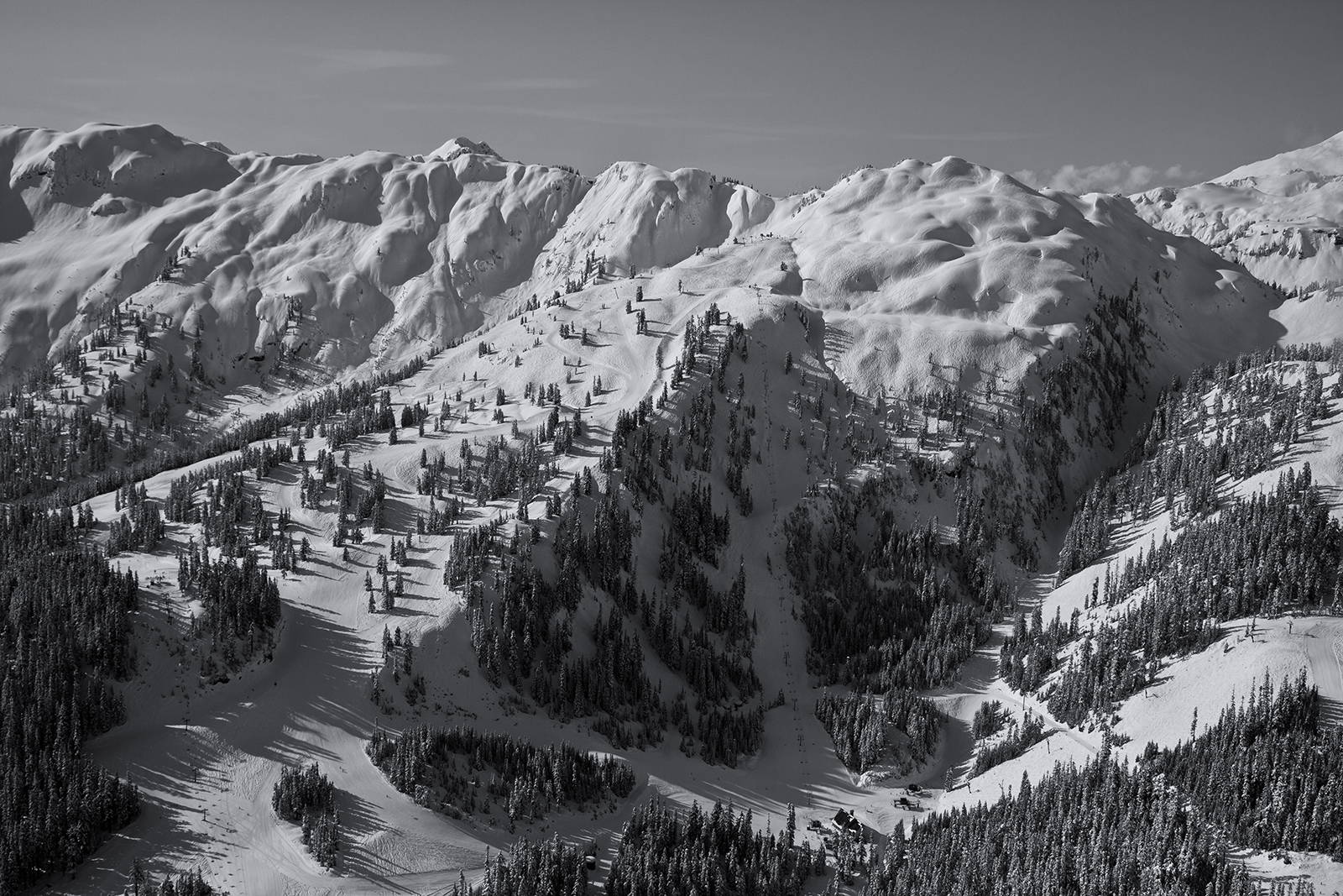 A black and white photo of mountainous ski terrain near Mt. Baker