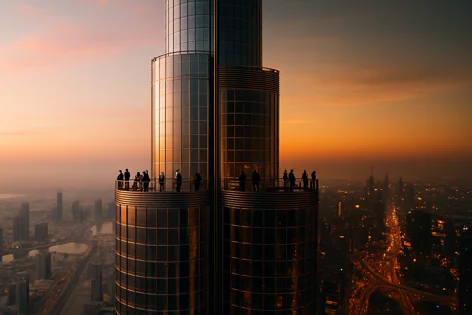 People on the observation decks of the Burj Khalifa skyscraper view the glowing Dubai city skyline as the sun sets in a vibrant orange and pink sky.