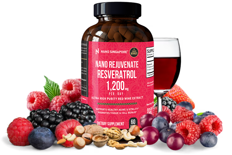 Bottle of Resveratrol supplement next to food cources of anti aging vitamins for face