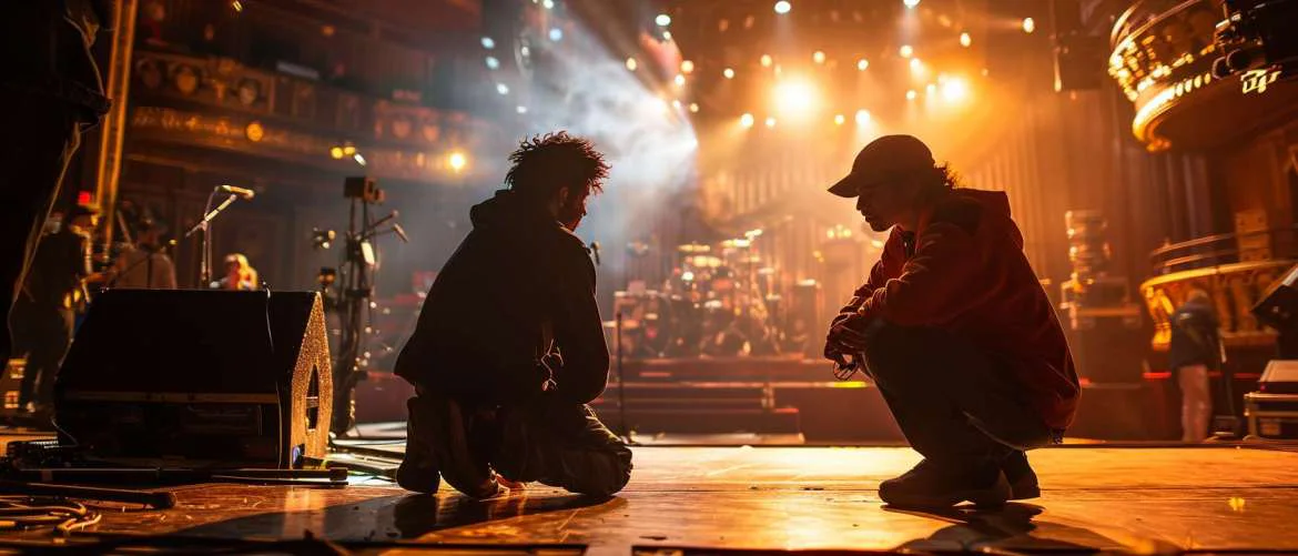 Audiologist urgently fitting a musician with an in-ear monitor pre-show