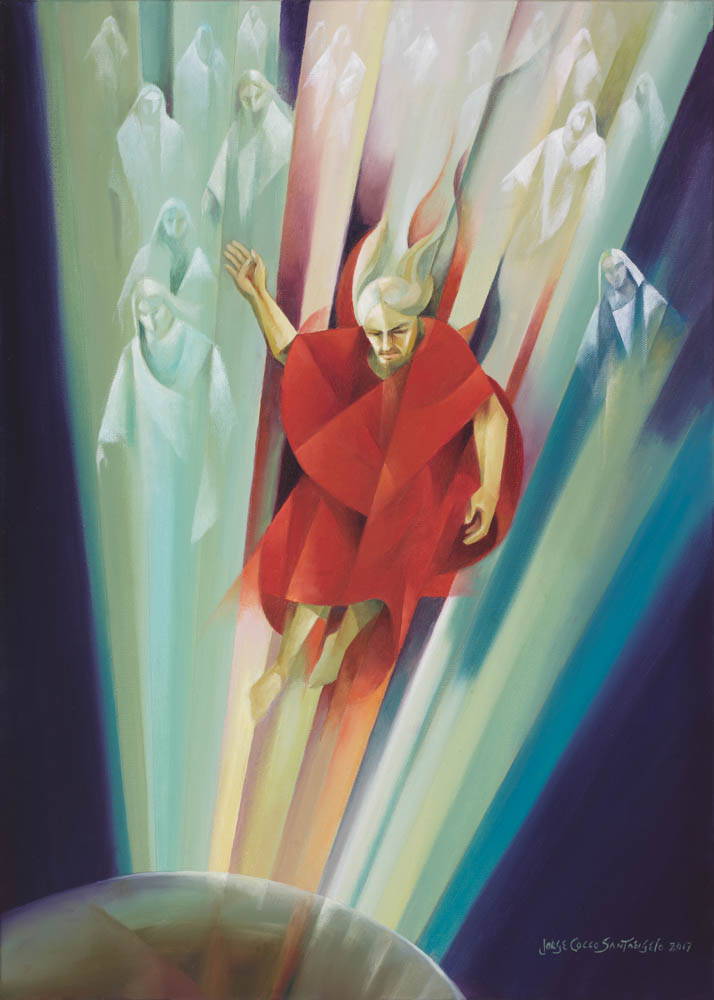 Geometric painting of Jesus in a red robe and a host of angels descending down to planet earth. 