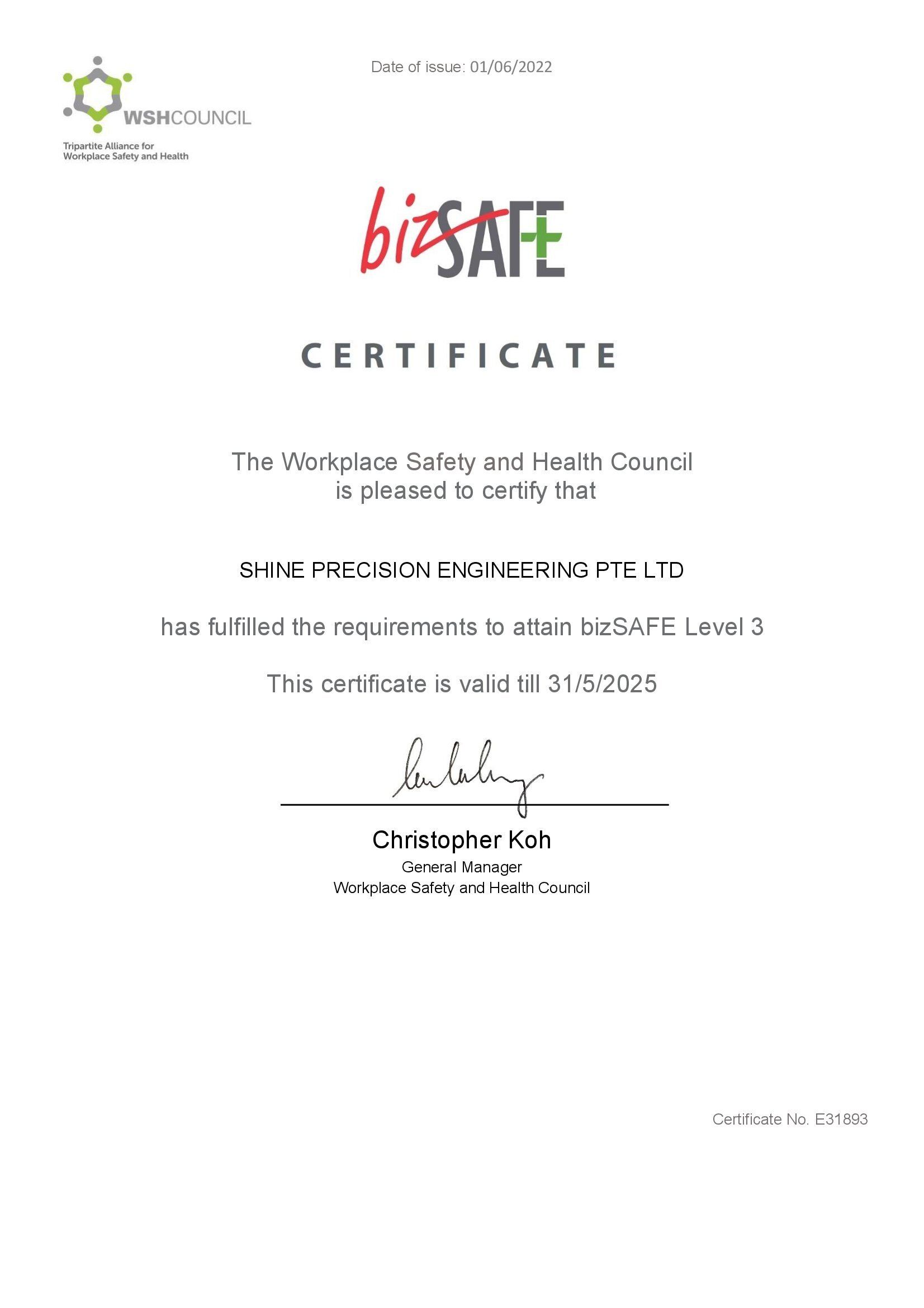 Shine Precision bizSAFE Level 3 Certificate 2025
