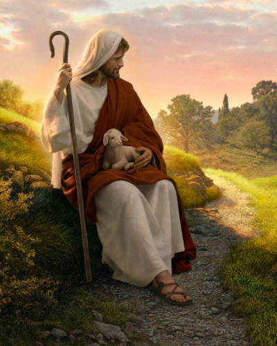 Jesus sitting on a grassy hill holding a shepher'ds crook and holding a lamb in His lap.