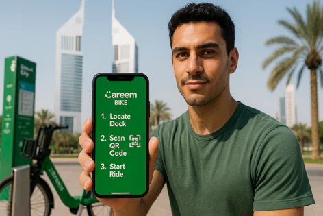 Man holding phone displays Careem BIKE app guide (locate dock, scan QR code, start ride) near a green bike station with city skyline.