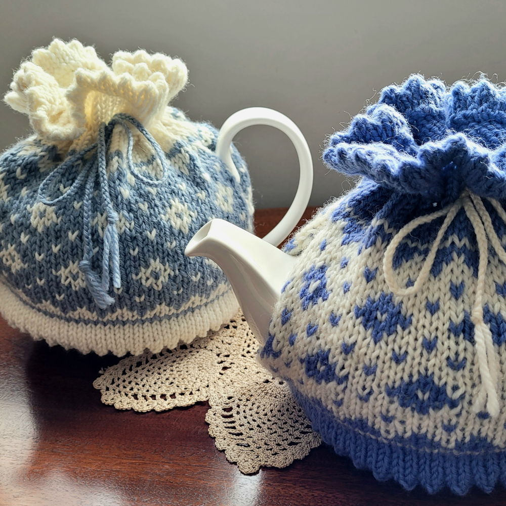 Vintage blauw-witte fairisle theemuts met 8 lagen