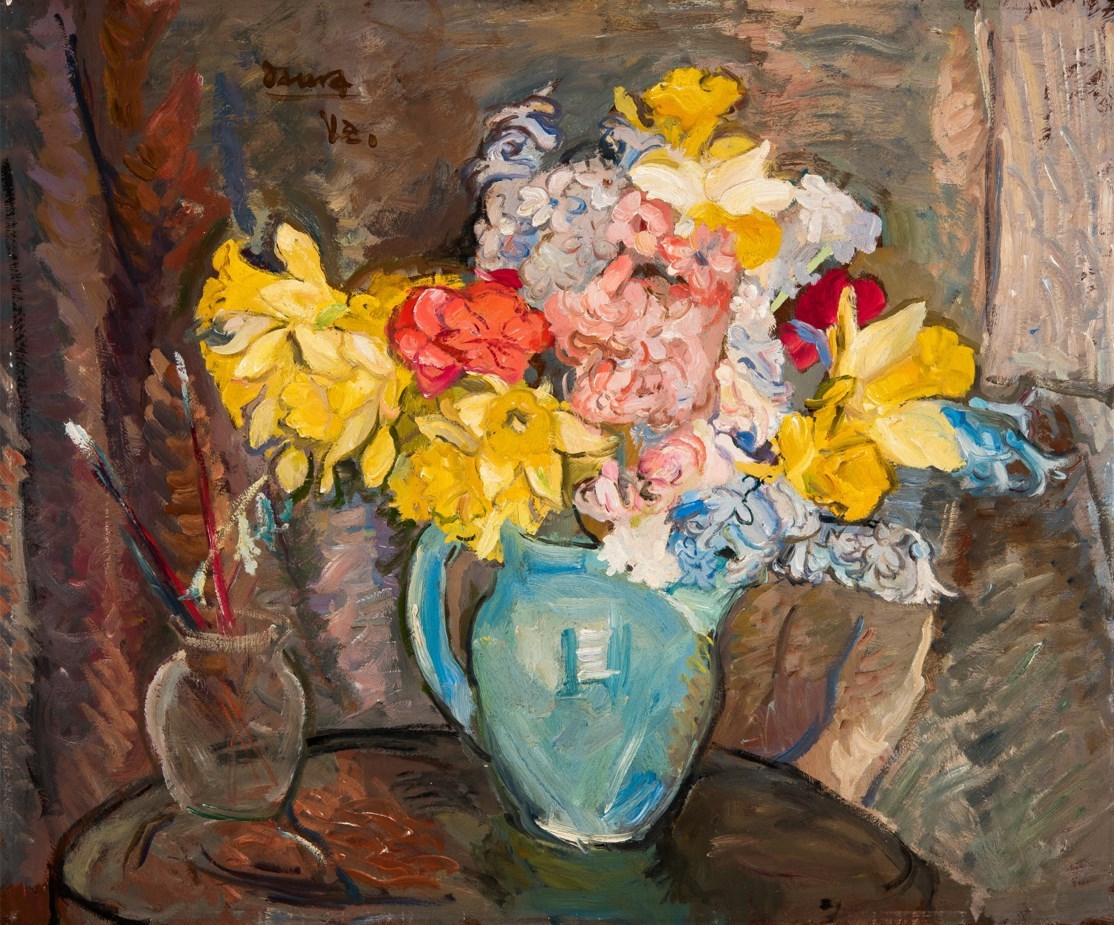 Spring Flowers in Blue Pitcher, ca. 1939-1950