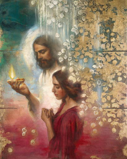 Jesus holding out a lamp to guide a young woman.