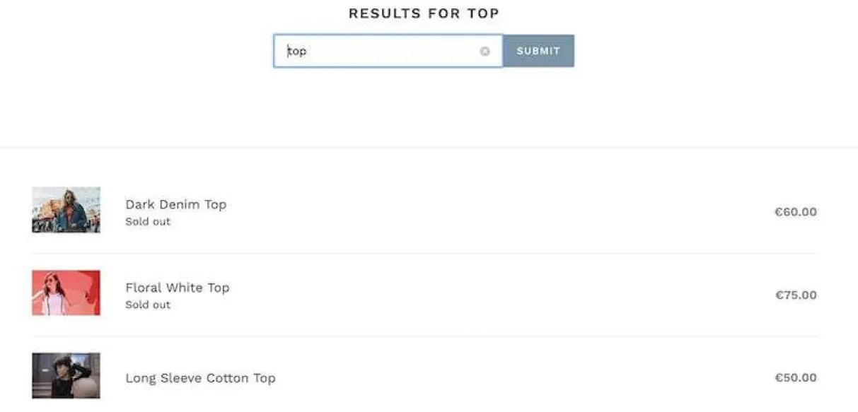 The search panel in Shopify store