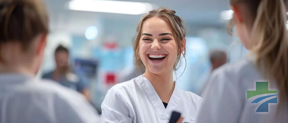 A nurse humorously misusing a digital device among colleagues.