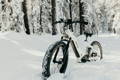 Ein weißes E-Bike mit schwarzen Details steht tief im Schnee vor einem verschneiten Wald.