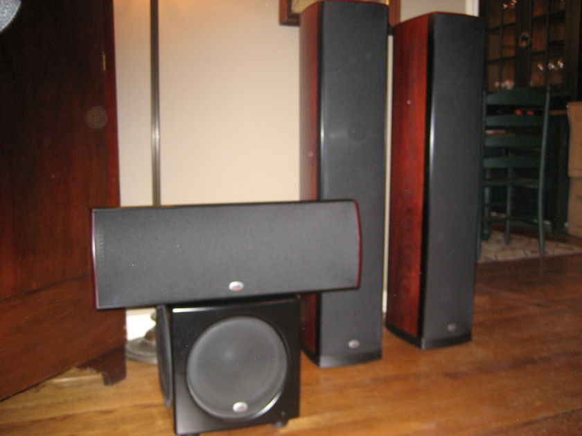 PSB Synchcrony System in Dark Cherry - One Towers, One Center, S Surrounds and HD10 Subwoofer - Full Home Theater System