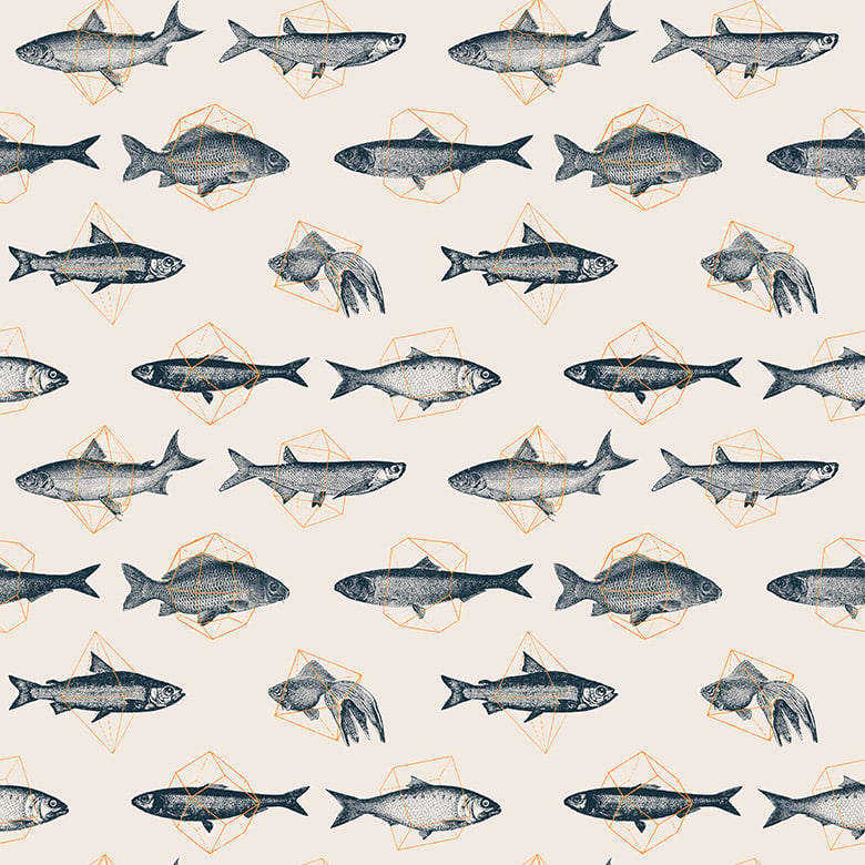 Cream & Orange Trendy Vintage Fish Wallpaper pattern image
