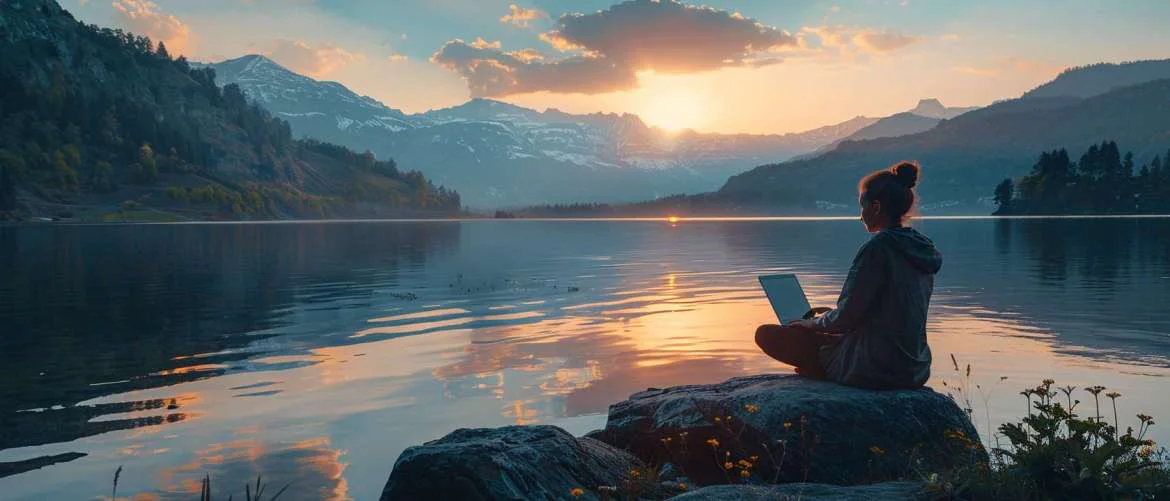 Healthcare professional enjoys remote work with a beautiful mountain view.