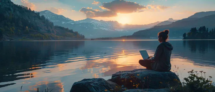 Healthcare professional enjoys remote work with a beautiful mountain view.