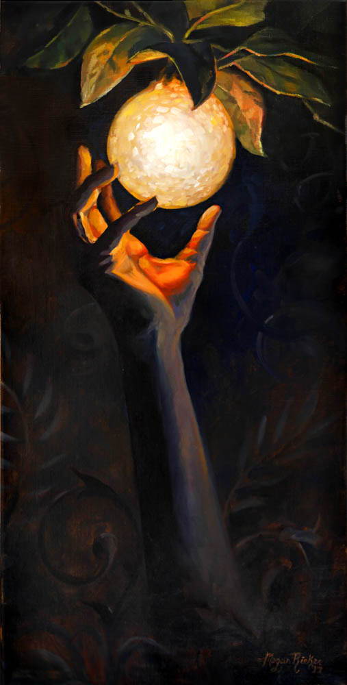 Painting of a hand reaching up to grab a glowing fruit from the tree of life. 