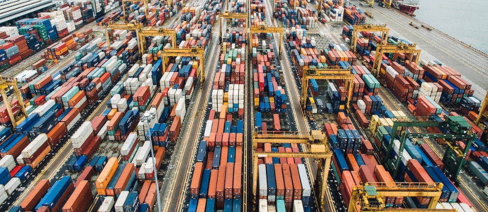 Aerial image of shipping port and containers