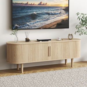 TV Stand, Modern TV Console Table with Storage Compartment and Sliding Door, Gaming Entertainment Center with Cabinet for Living Room, Bedroom, Office (Natural)