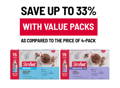 Banner reads “Save up to 33% with value packs as compared to the price of a 4-pack.” There are product renders of SlimFast Original and SlimFast High Protein displayed, both in Creamy Chocolate Flavor.