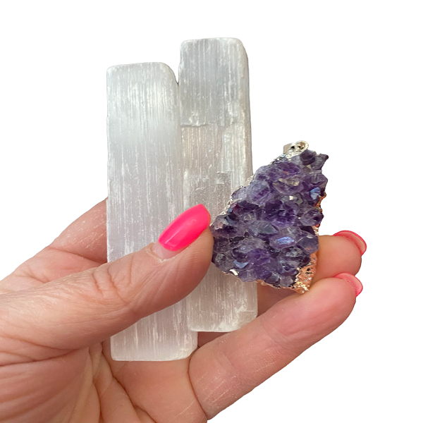 Amethyst Cluster Pendant - Includes x2 Selenite Sticks